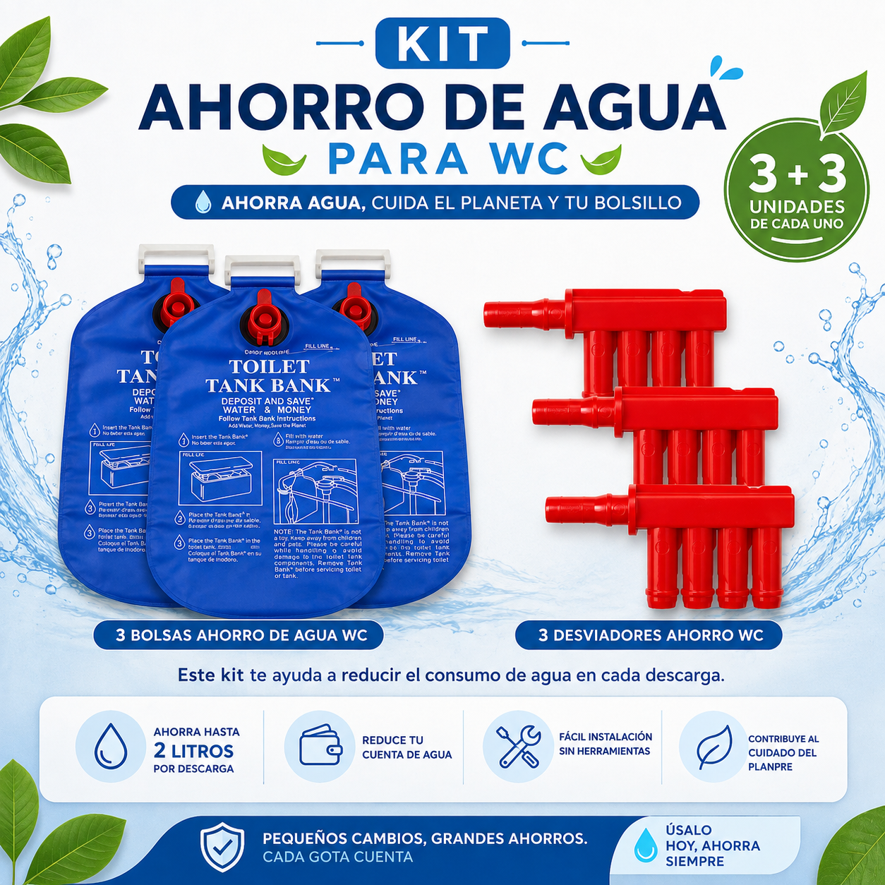 KIT-3 Ahorro Agua para WC (GRATIS 3 DESVIADORES)